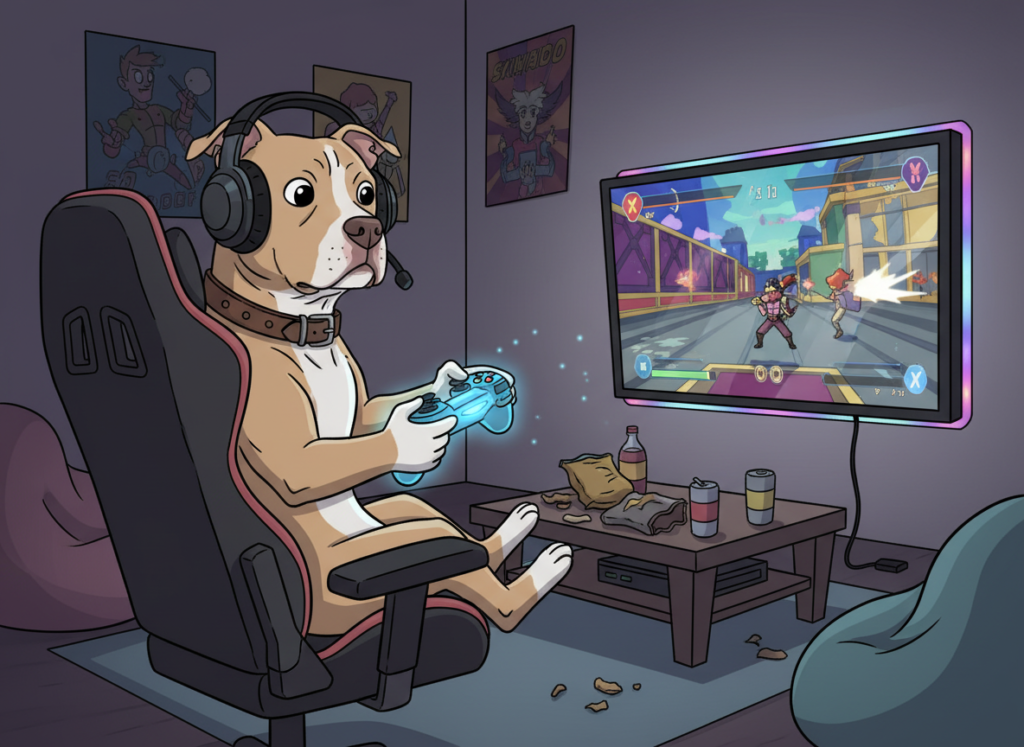 Pit Bull sitting in a chair playing video games