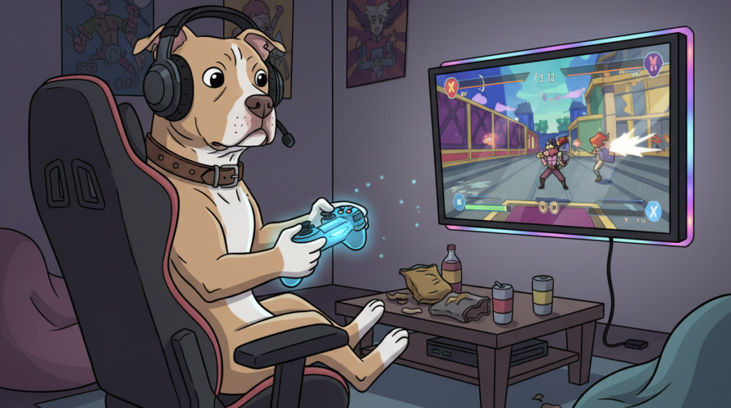 Pit Bull sitting in a chair playing video games
