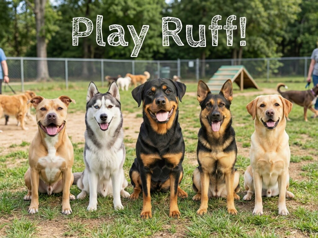 5 dogs lined up sitting and facing the camera. With the words Play Ruff written above their heads.