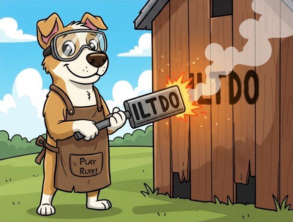 A Pitbull using a branding iron to brand the side of a building. The branding iron is the letters I L T D O for I let the dogs out.