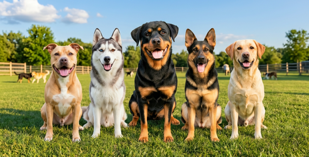 5 dogs sitting facing forward on green grass with a blue sky