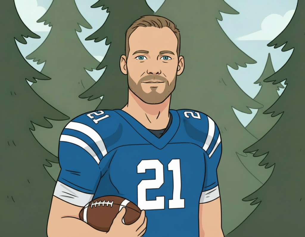 Cartoon Chris dressed in a football jersey and pads, holding a football.