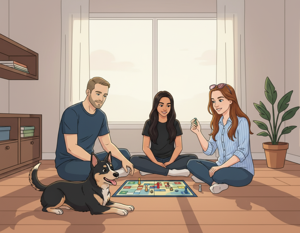 Cartoon Chris, Britnee, Micalee, and Nikita, playing a board game together.