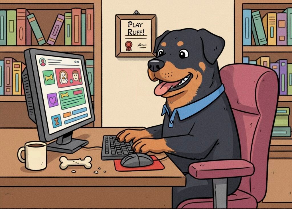 Rottweiler sitting in a chair in front of a computer
