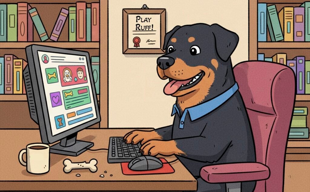 Rottweiler sitting in a chair in front of a computer