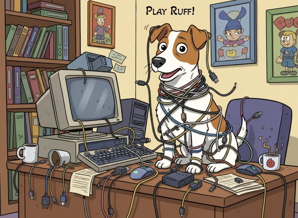 A Jack Russell tangled up in computer cables