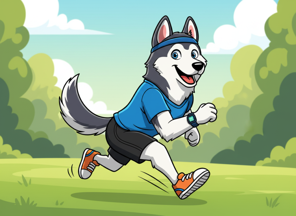 Cartoon Husky running wearing fitness clothing
